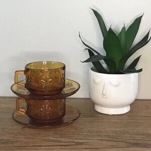 Two Amber Flower Glass  Coffee Mugs / Tea Cups  With Plates / Saucers